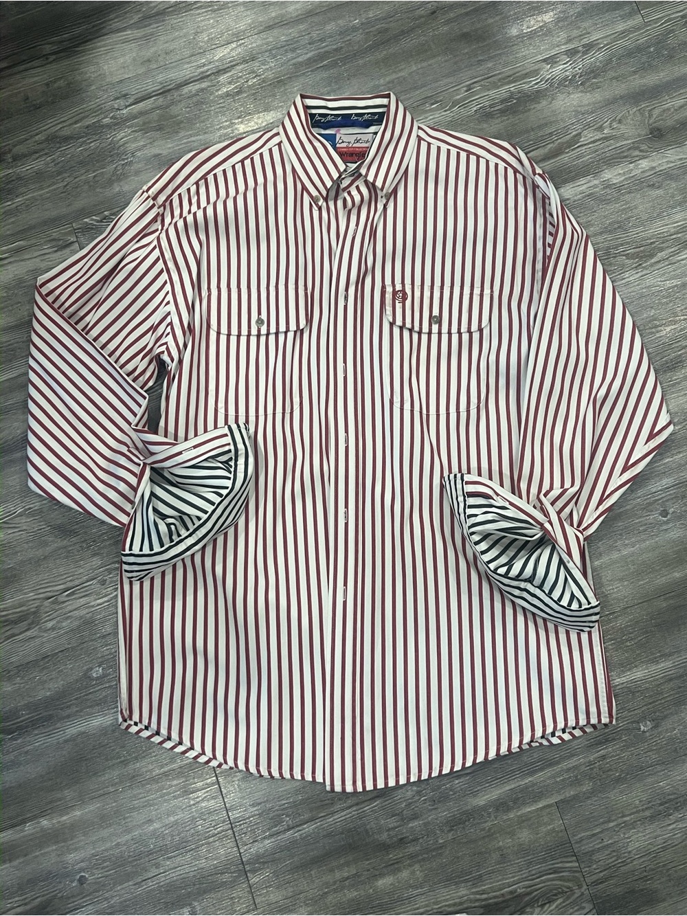 Wrangler Red and White Vertical Stripe Button-Down Shirt